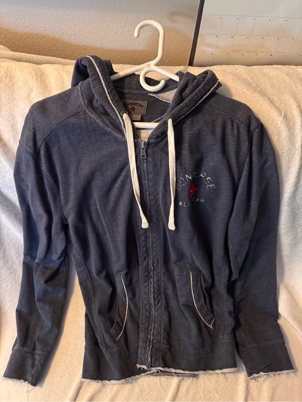 Converse Men's Dark Navy Zip-Up Hoodie with White Drawstrings